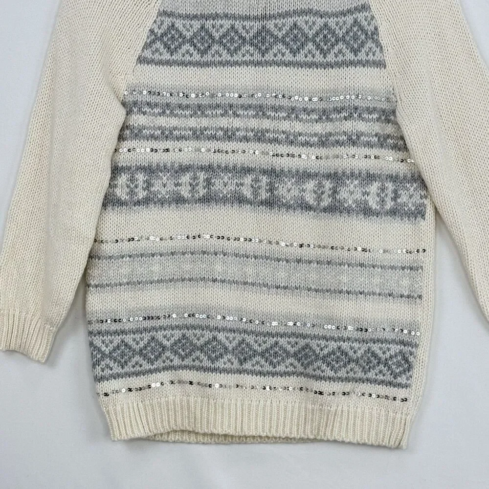 Old Navy Sweater Jumper Small PetiteFair Isle Cream Gray Knit Sequins Loose Fit